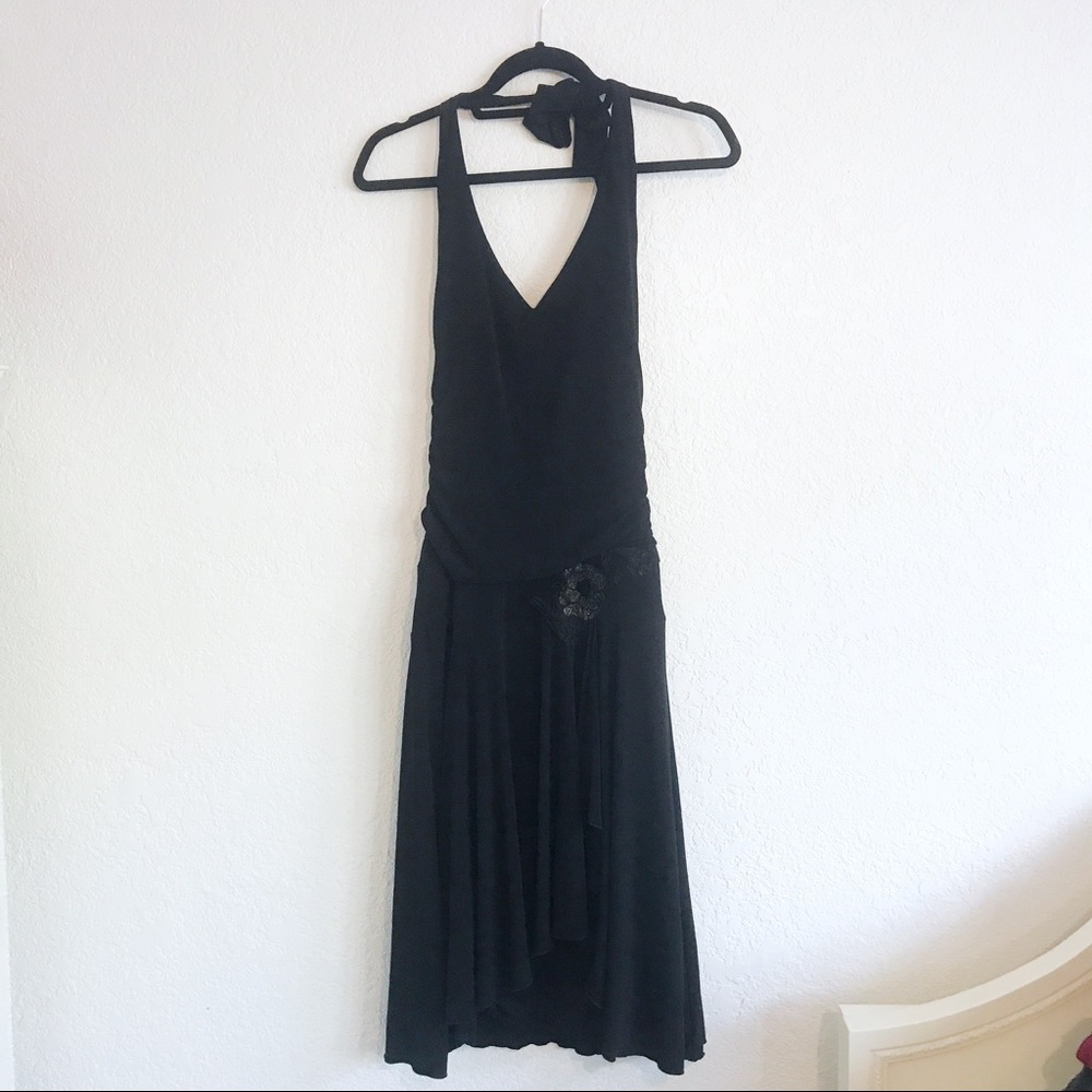 Black drop waist halter dress